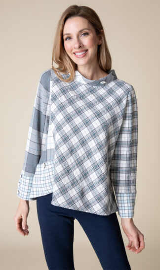 Habitat Girls Gone Plaid Asymmetrical Button Cuff Top- Winter White . Habitat Style: 40795 WWH