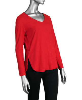 Tribal V-Neck Top with Curved Hem- Scarlet . Tribal Style: 1933O-8036-1034