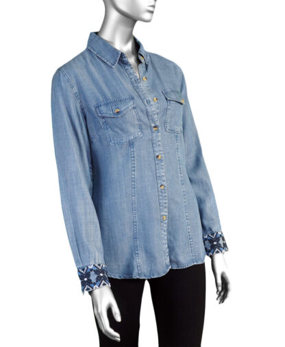 Charlie B Embroidery Cuff Shirt- Denim . Charlie B Style: C4549/249B